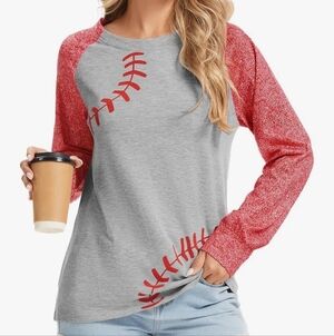 Women's Gray and Red Baseball Stitch Top Size 2X P2P 25 In Length 28 In NWOT